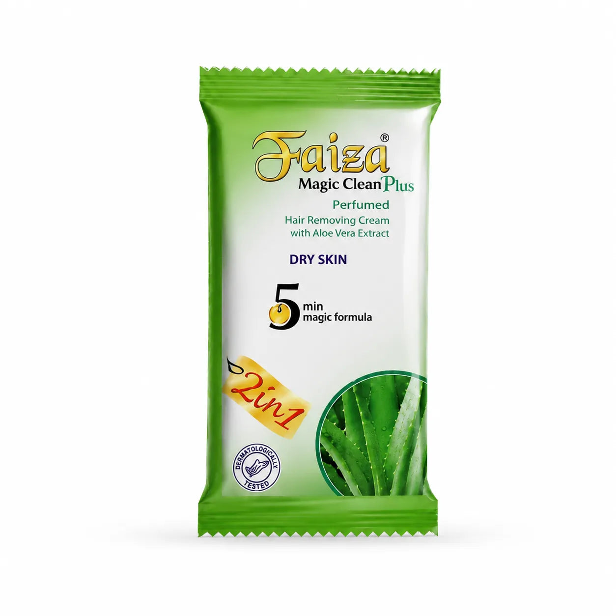 Faiza Magic Clean Plus aloe vera hair removal cream sachet for dry skin, featuring a perfumed 5-minute 2-in-1 formula for smooth skin.