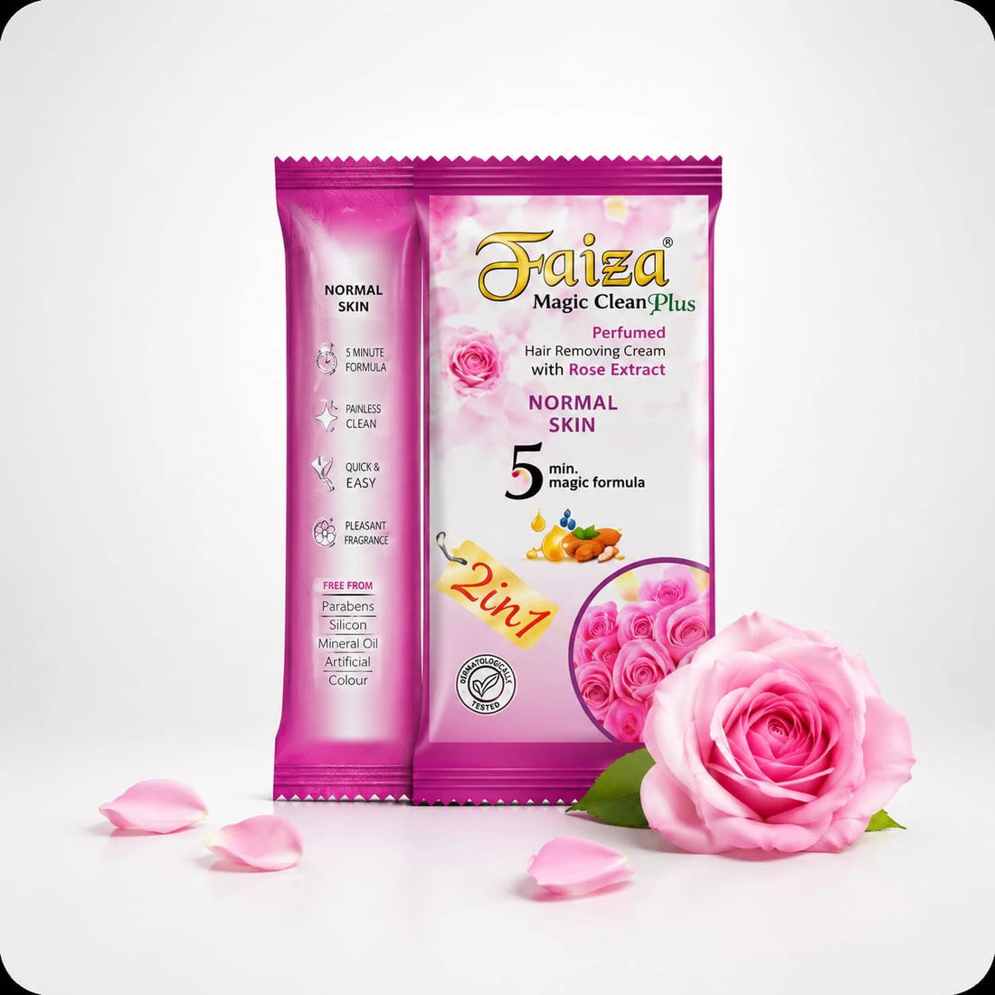 Faiza Magic Clean Plus Perfumed Hair Removing Cream sachet packaging for normal skin, featuring rose extract graphics and a 5 minute magic formula badge