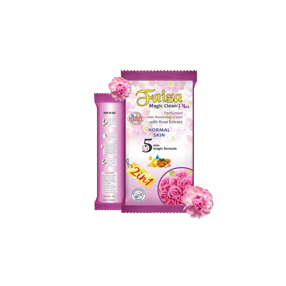 Faiza Magic Clean Plus Perfumed Hair Removing Cream sachet packaging for normal skin, featuring rose extract graphics and a 5 minute magic formula badge