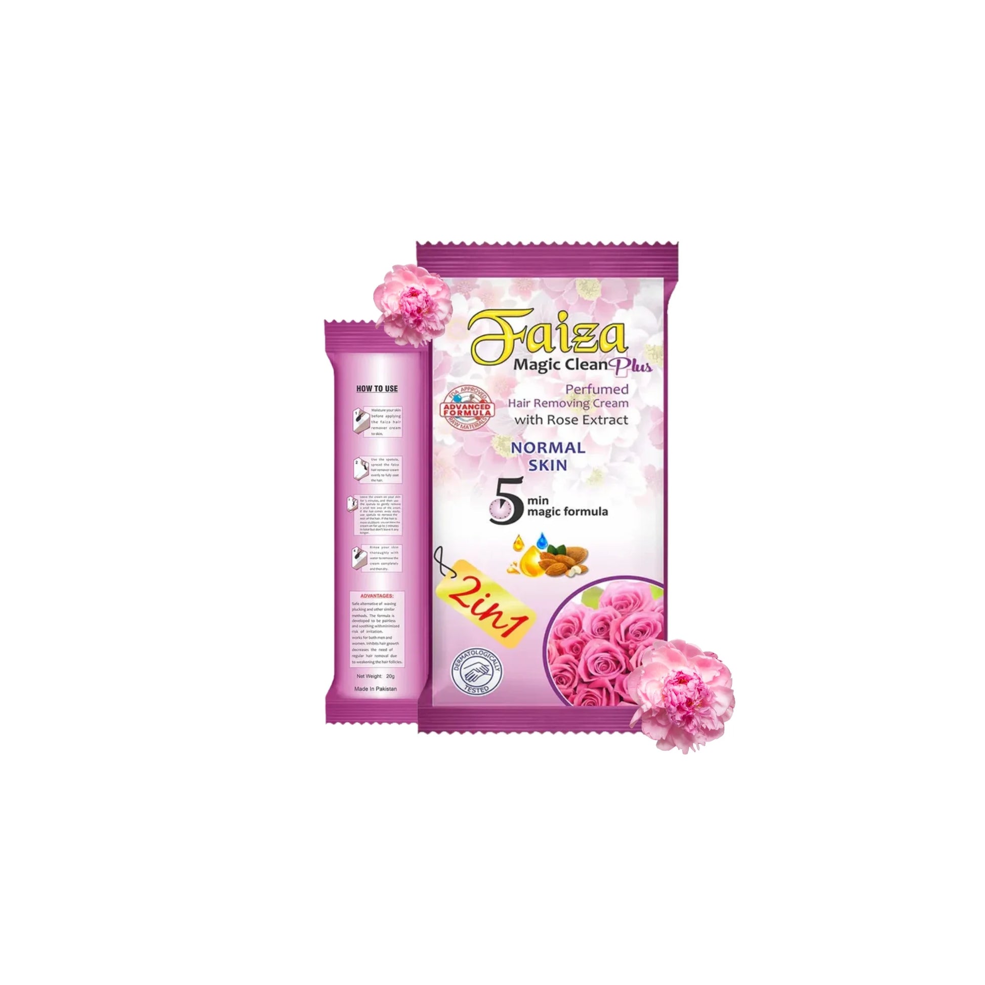 Faiza Magic Clean Plus Perfumed Hair Removing Cream sachet packaging for normal skin, featuring rose extract graphics and a 5 minute magic formula badge