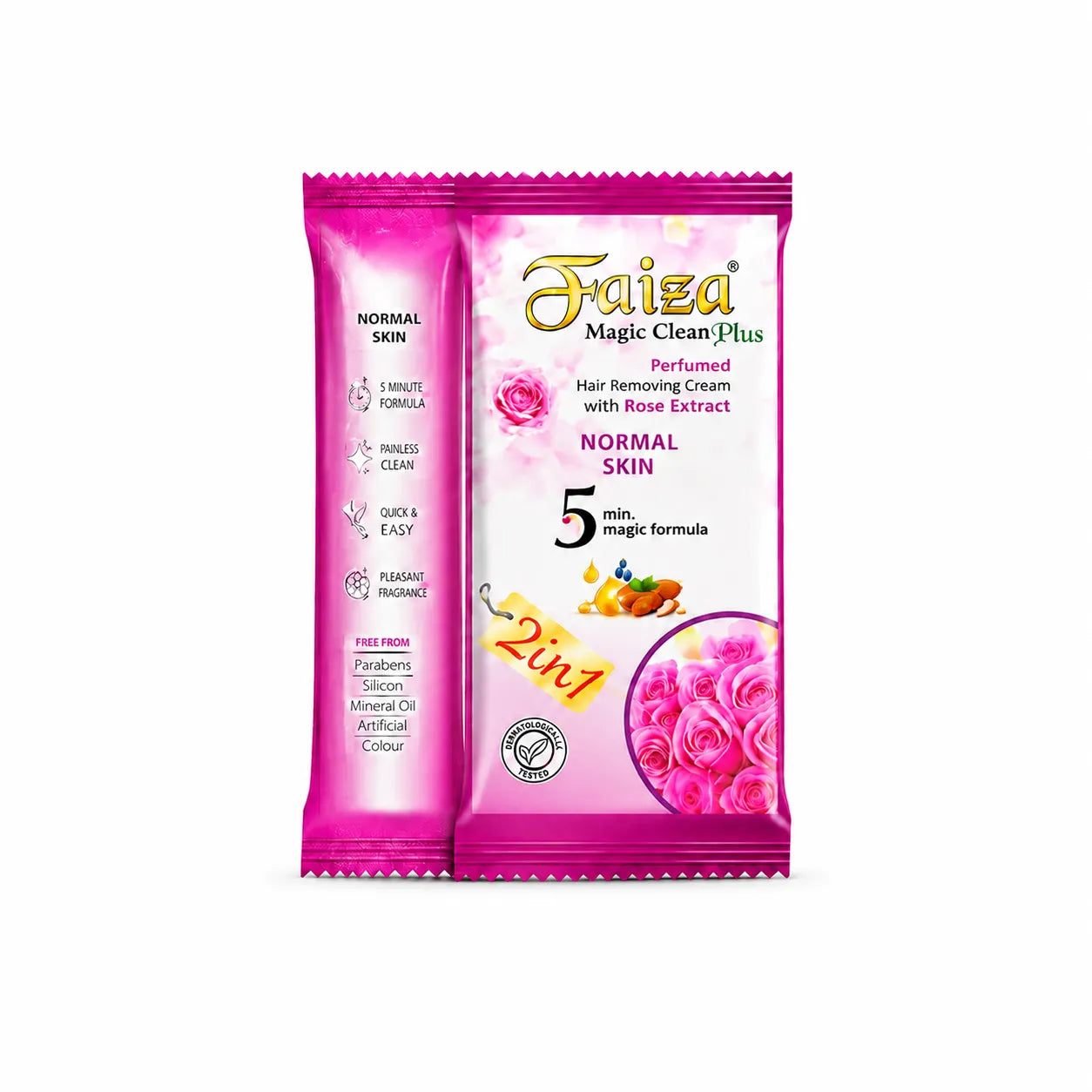 Pack of two Faiza Magic Clean Plus aloe vera hair removal cream sachets for dry skin, featuring a perfumed 5-minute 2-in-1 formula.