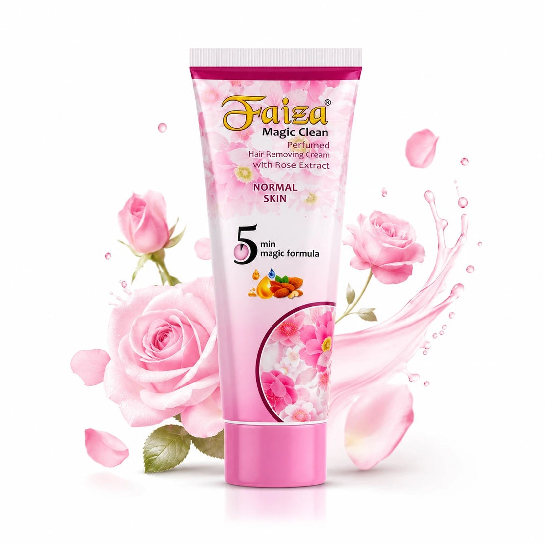 Faiza Cosmetics Magic Clean, Rose Extract, Normal Skin, 5 min magic formula, perfumed hair remover, quick depilatory cream, gentle on sensitive areas, silky finish