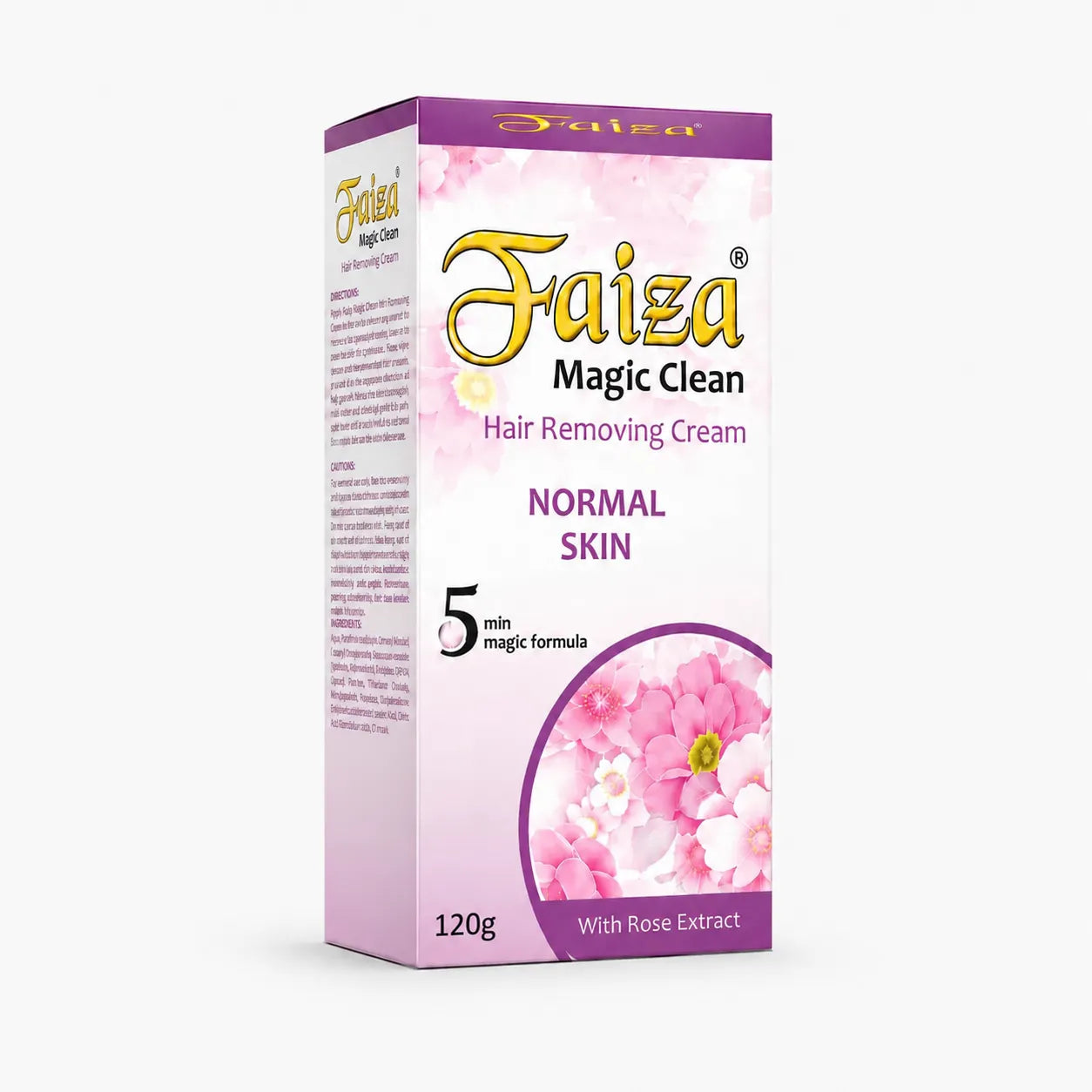 Faiza Magic Clean hair removal cream for normal skin with rose extract, 120g box featuring a 5-minute formula for smooth, hair-free skin.