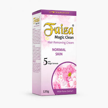 Faiza Magic Clean hair removal cream for normal skin with rose extract, 120g box featuring a 5-minute formula for smooth, hair-free skin.