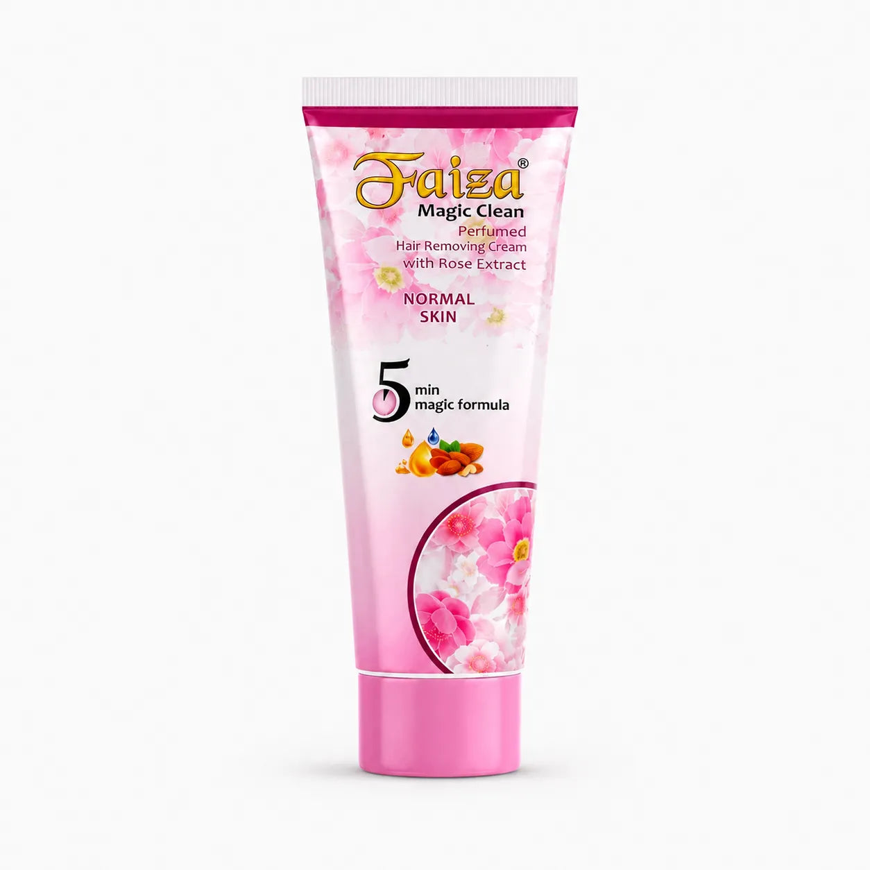 Faiza Magic Clean rose extract hair removal cream for normal skin in a pink tube, featuring a perfumed 5-minute formula for smooth skin.