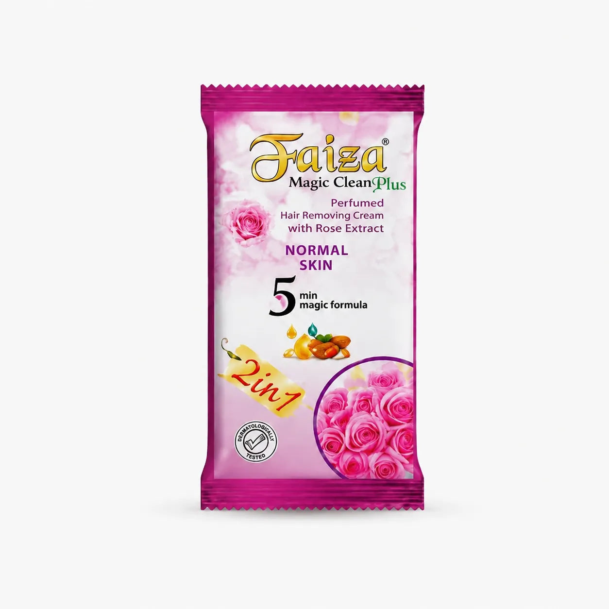 Faiza Magic Clean Plus perfumed hair removal cream with rose extract for normal skin, featuring a 5-minute 2-in-1 formula in sachet packaging.