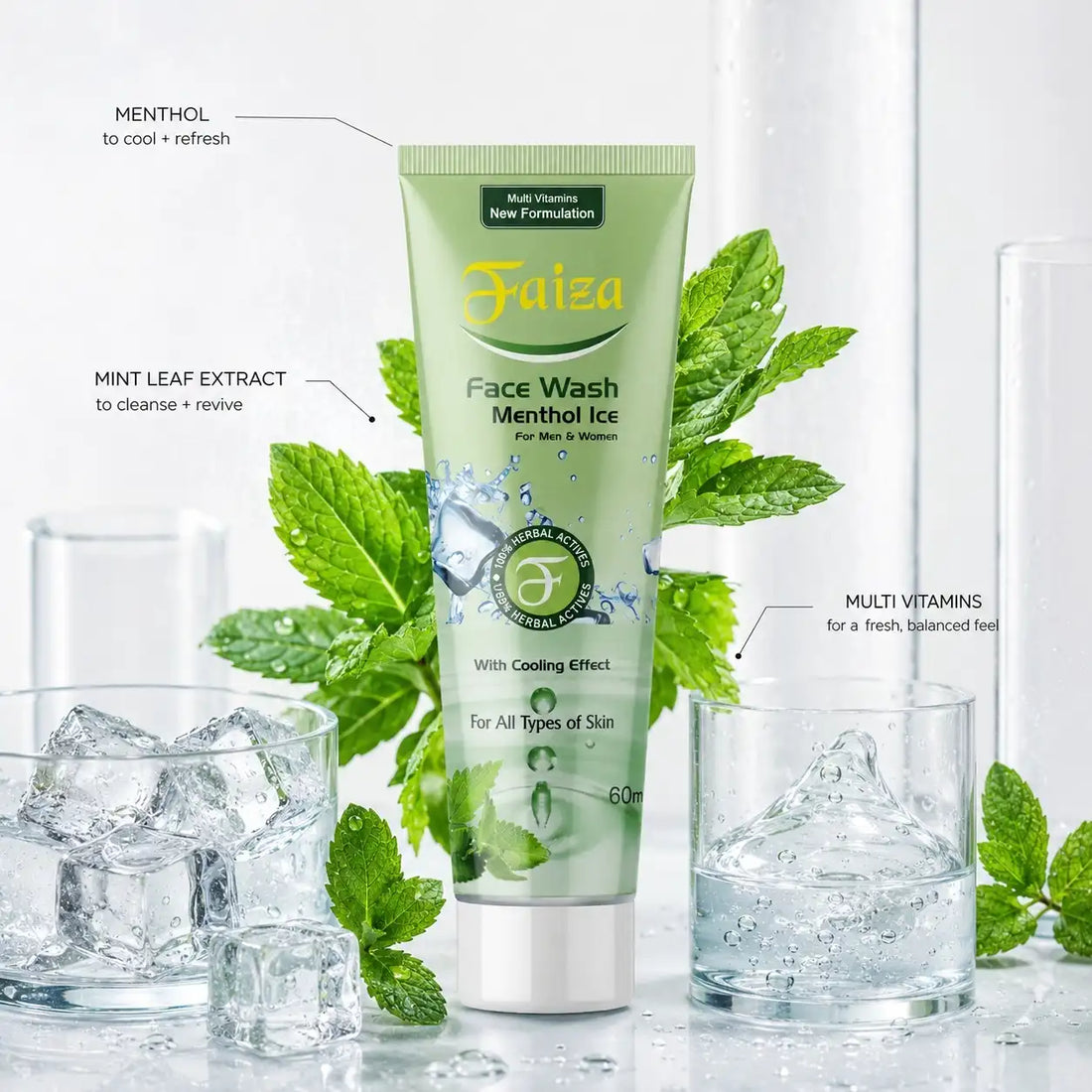 Faiza 3-piece skincare kit containing Menthol Ice Face Wash tube, a purple Hyaluronic Acid and Glutathione Skin Serum dropper bottle, and a Faiza Beauty Cream tub for dark spots