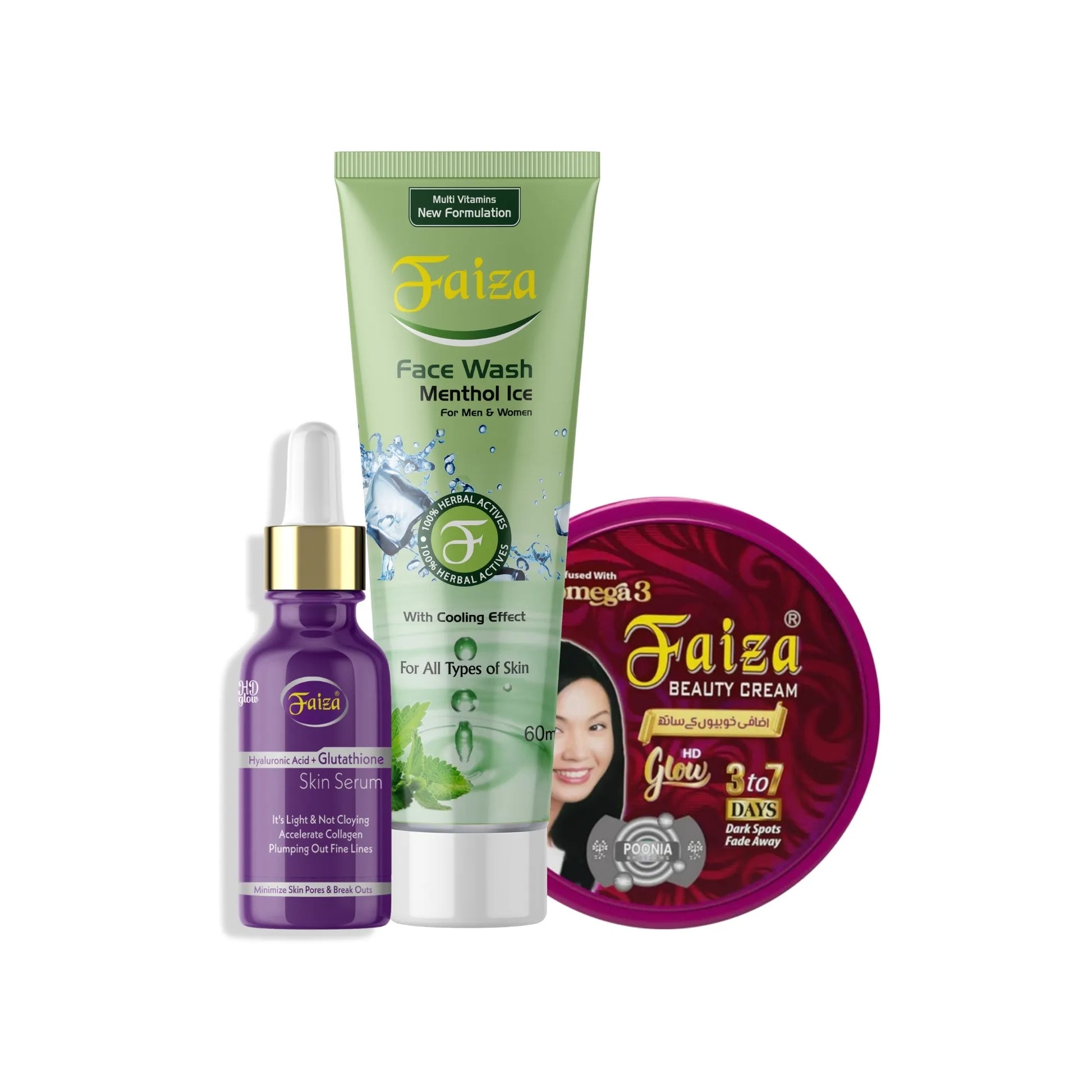 Faiza 3-piece skincare kit containing Menthol Ice Face Wash tube, a purple Hyaluronic Acid and Glutathione Skin Serum dropper bottle, and a Faiza Beauty Cream tub for dark spots