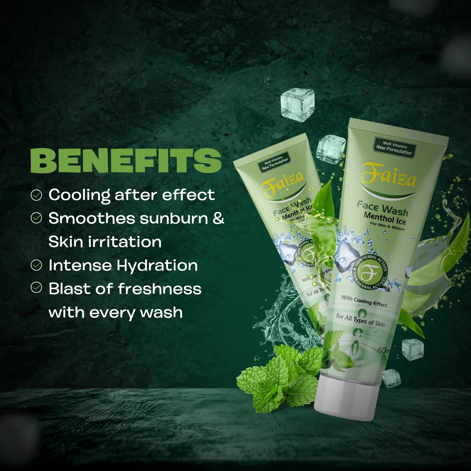 Faiza Menthol Ice Face Wash tubes showing benefits: smoothes sunburn, skin irritation, and provides intense hydration.