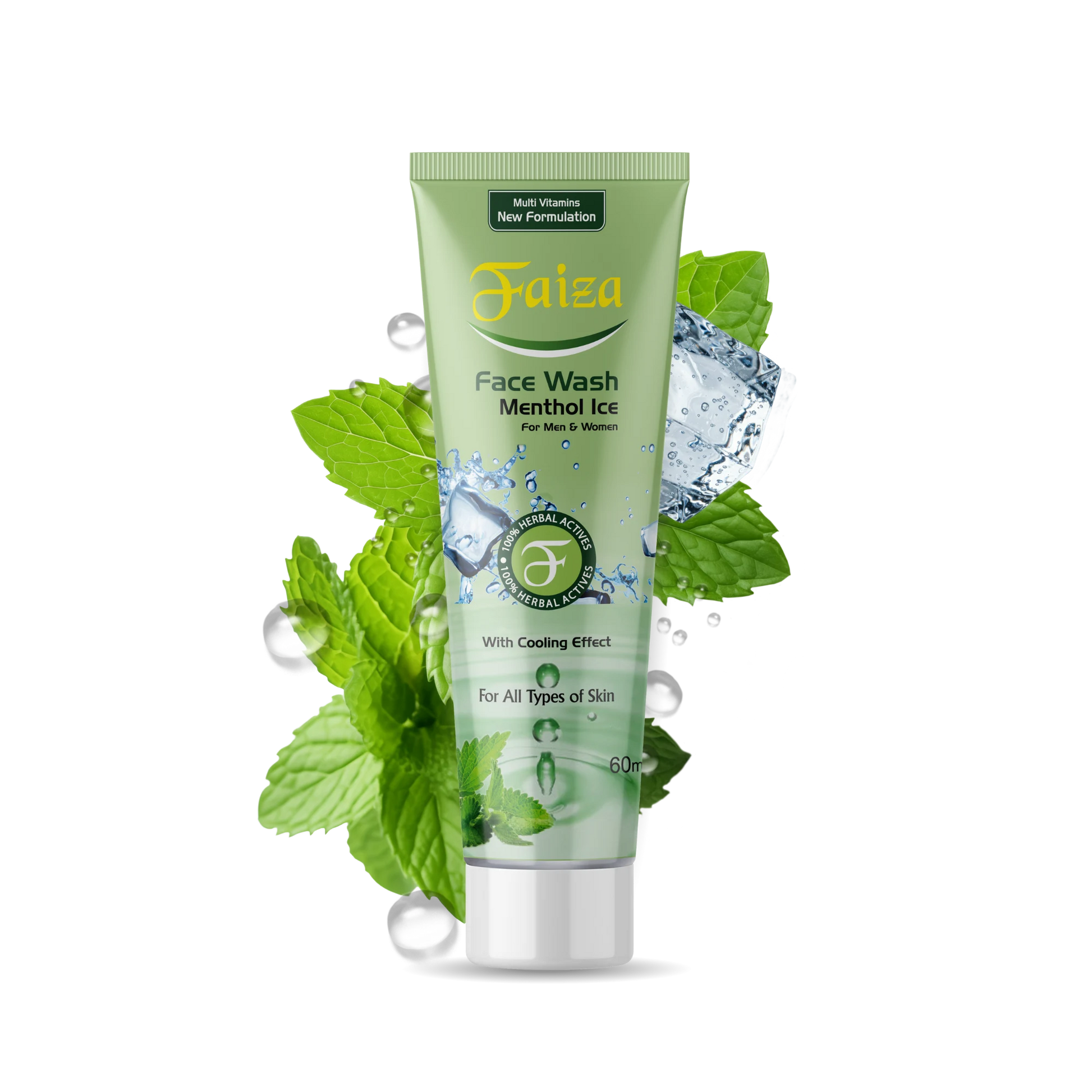Faiza Face Wash Menthol Ice with 100% Herbal Actives and Cooling Effect for all skin types, surrounded by mint leaves.