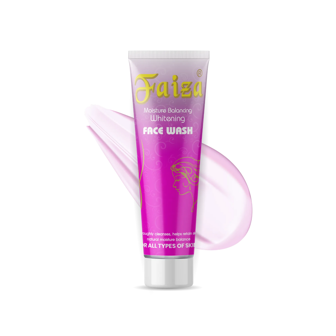 Faiza Moisture Balancing Whitening Face Wash tube with a pink glow, helps retain skin’s natural moisture balance.
