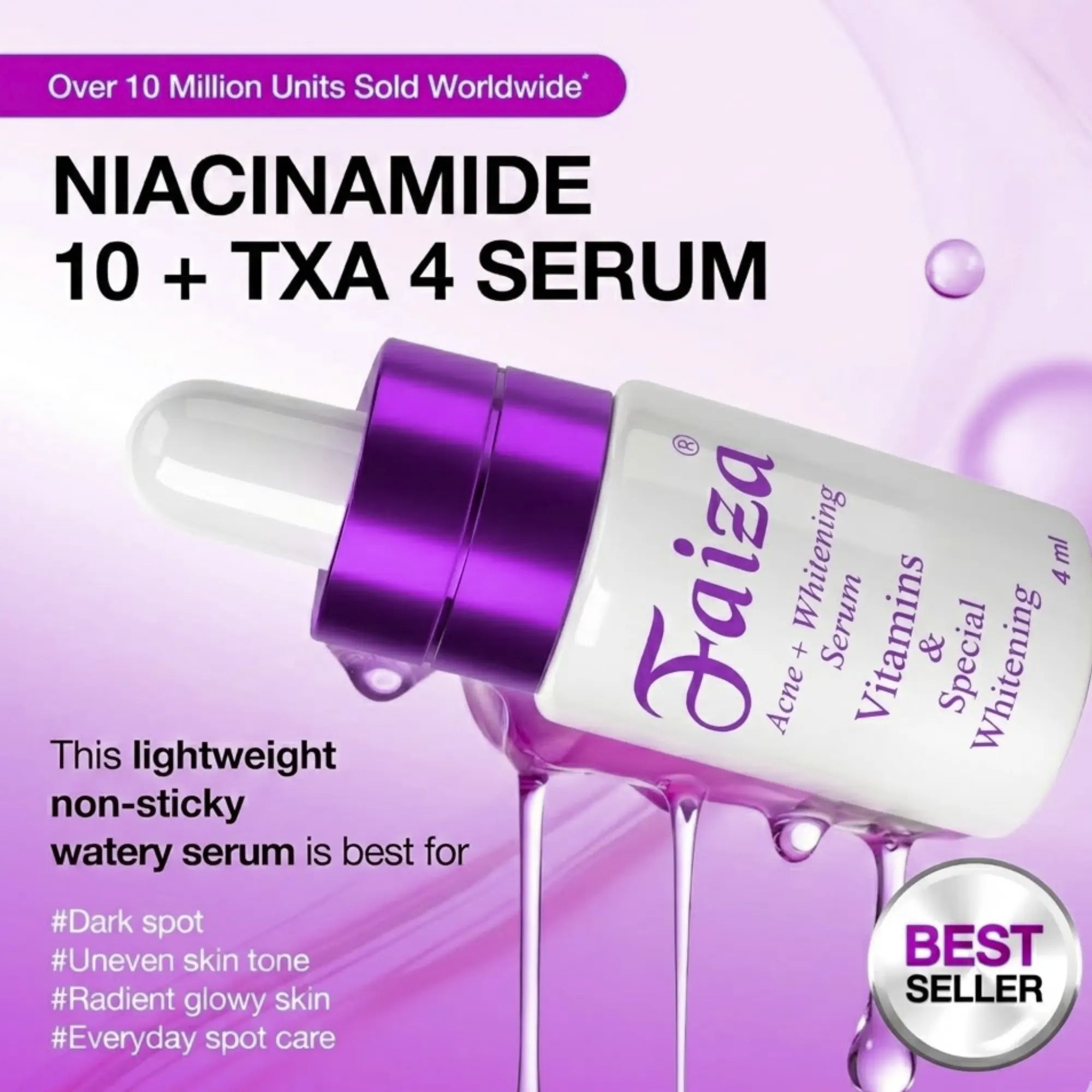 Faiza Niacinamide 10 + TXA 4 Serum bottle with purple cap on a purple background