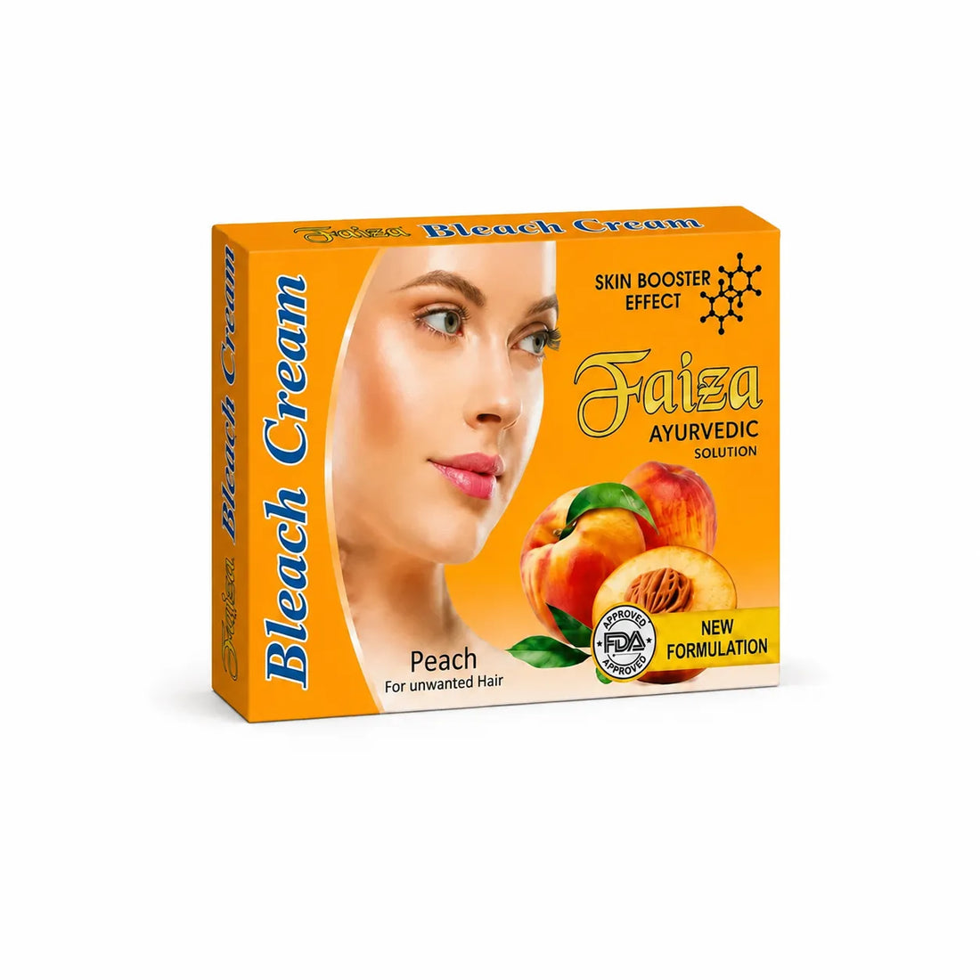 Faiza Peach Bleach Cream for unwanted facial hair, an Ayurvedic skin booster formula that helps lighten hair and leaves skin smooth and bright.