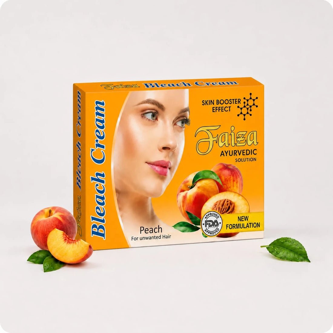 Faiza Bleach Cream Peach Ayurvedic Solution box kit with skin booster effect, displayed with fresh peach graphics, green leaves, and an approved FDA raw materials seal