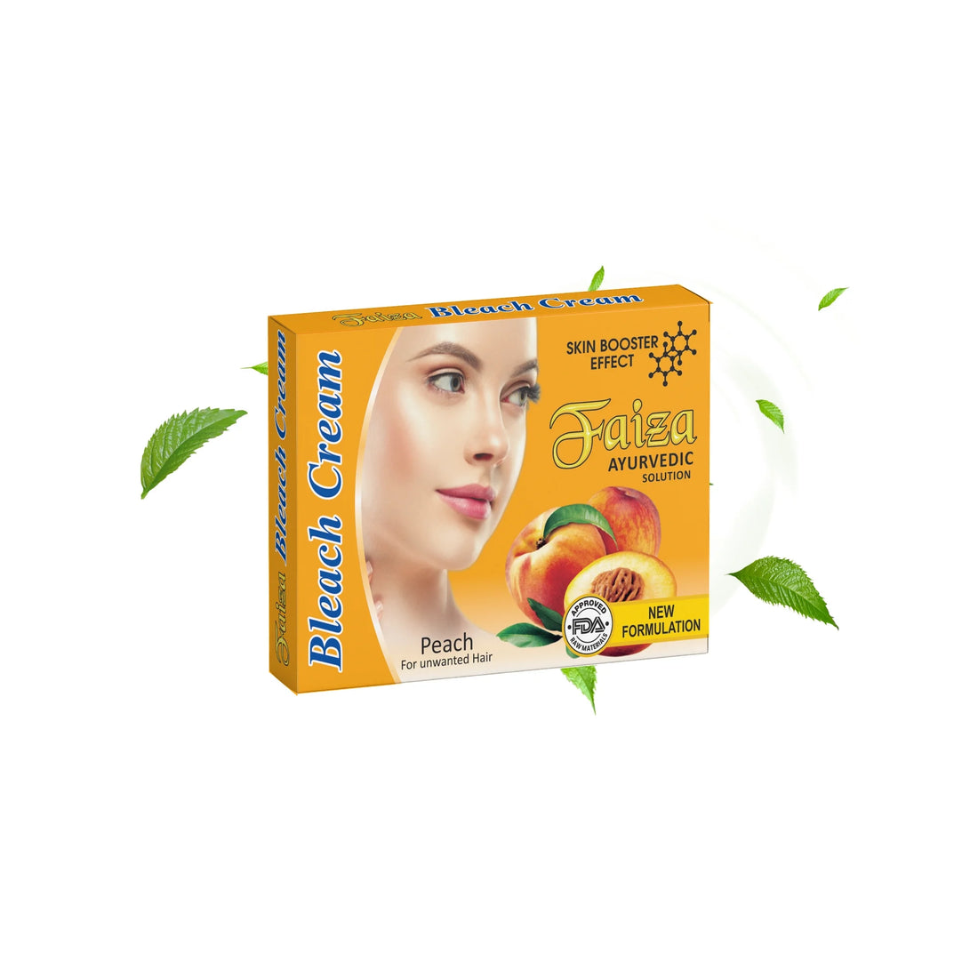 Faiza Bleach Cream Peach Ayurvedic Solution box kit with skin booster effect, displayed with fresh peach graphics, green leaves, and an approved FDA raw materials seal