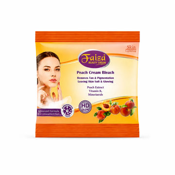 Faiza Peach Cream Bleach sachet with peach extract and vitamin B3, formulated for unwanted facial hair and a soft, bright, glowing skin finish.