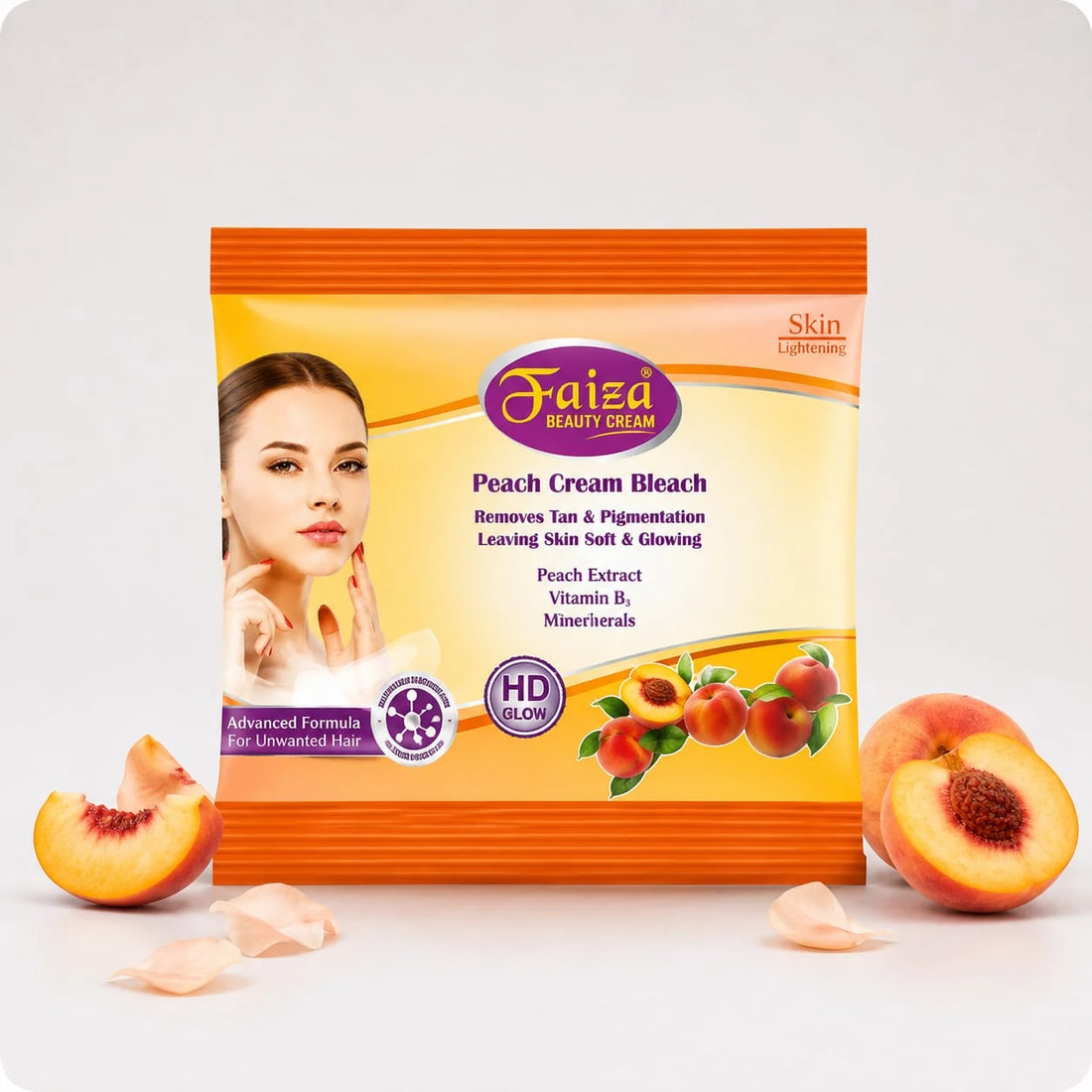 Faiza Peach Cream Bleach Skin Booster sachet package displayed with fresh peach slices, featuring an advanced formula with diamond ash, vitamin A, and milk protein for soft and glowing skin
