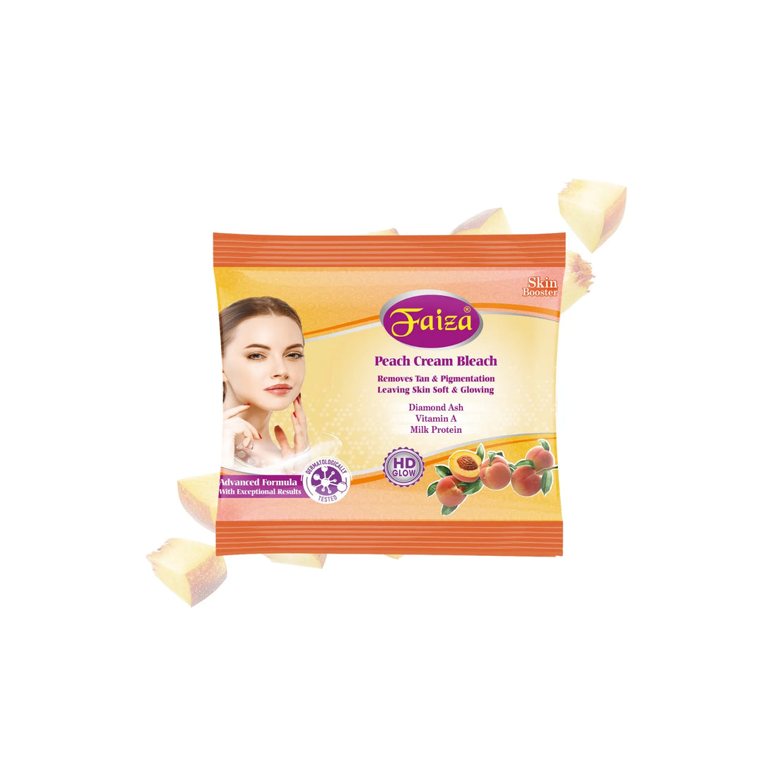 Faiza Peach Cream Bleach Skin Booster sachet package displayed with fresh peach slices, featuring an advanced formula with diamond ash, vitamin A, and milk protein for soft and glowing skin