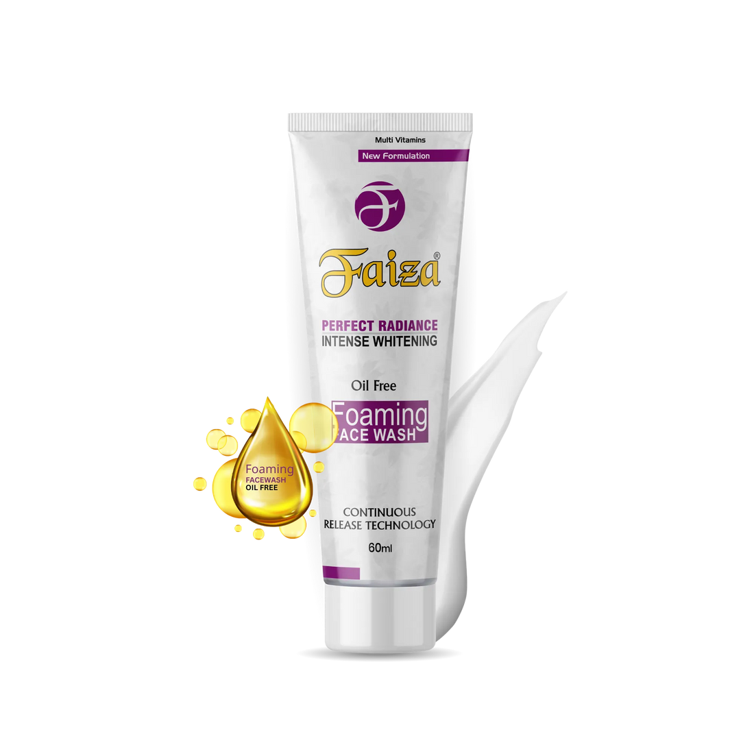 Faiza Perfect Radiance Intense Whitening Foaming Face Wash with Oil Free formula and Continuous Release Technology.