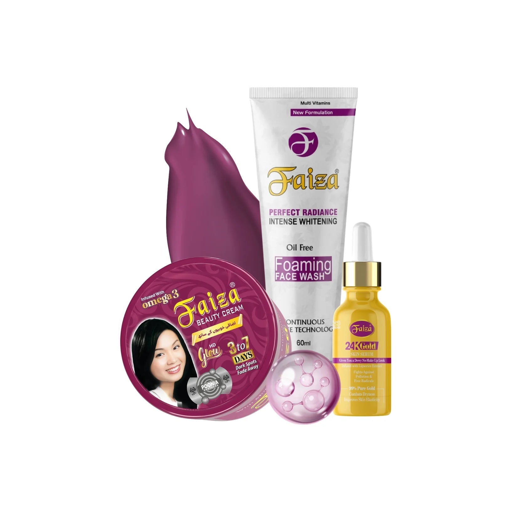 Faiza Cosmetics Whitening Kit, 24K Gold Serum, Foaming Face Wash, Omega 3 Cream, dark spot solution, intense whitening, complete skincare bundle