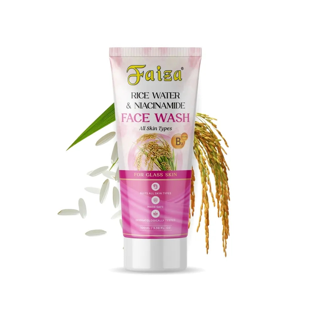 Faiza Rice Water and Niacinamide Face Wash 100ml tube for glass skin, displayed with grains of rice and a stalk of wheat background.