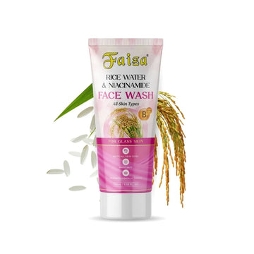 Faiza Rice Water and Niacinamide Face Wash 100ml tube for glass skin, displayed with grains of rice and a stalk of wheat background.