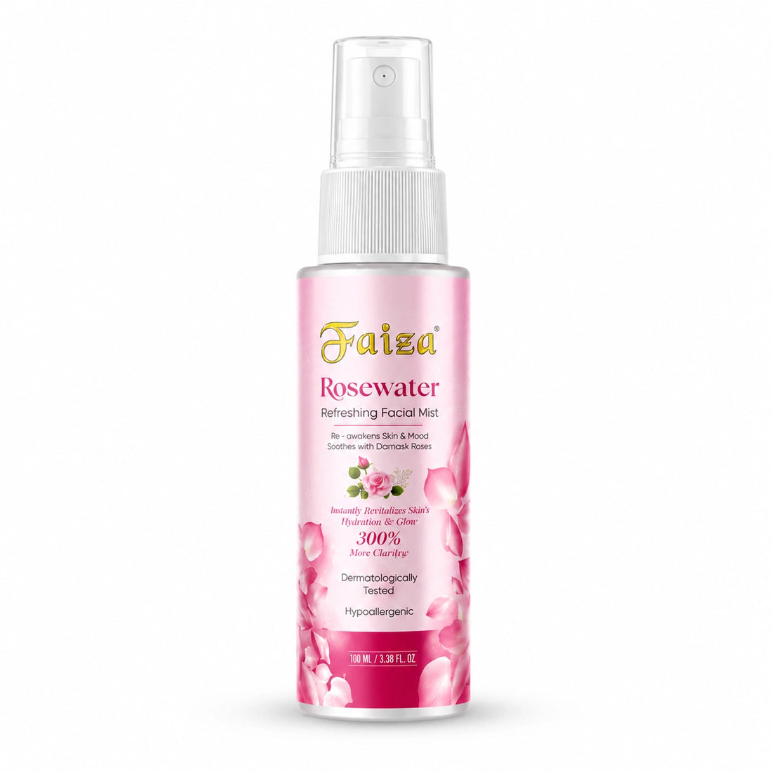 Faiza Rosewater Refreshing Facial Mist 100ml spray bottle with clear cap, featuring pink rose petals for instant skin hydration and glow