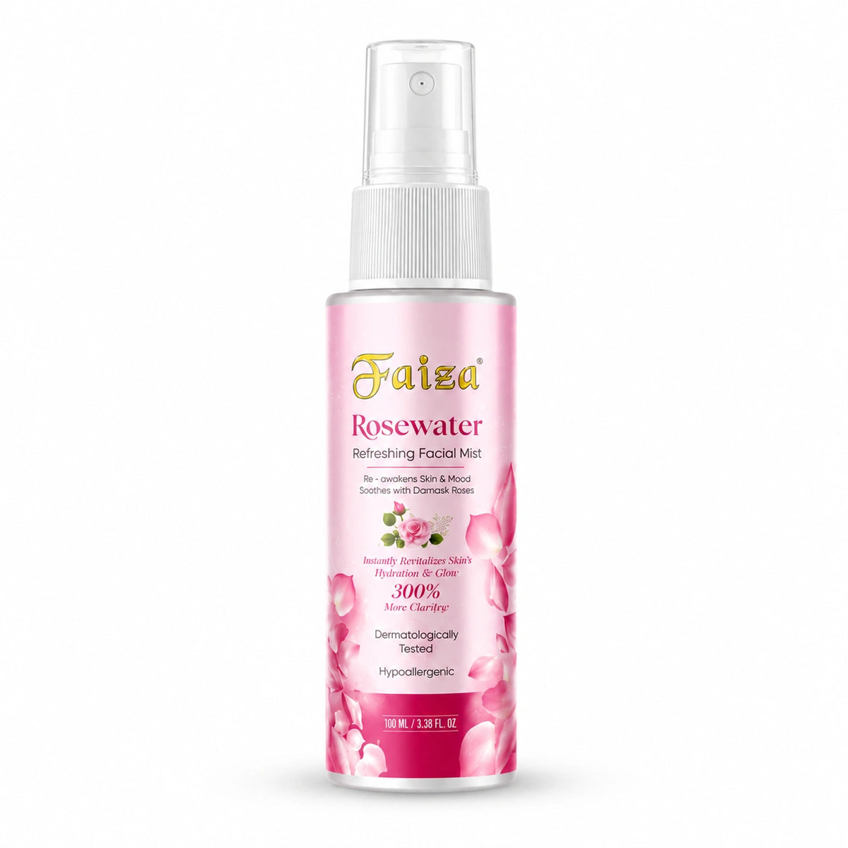 Faiza Rosewater Refreshing Facial Mist 100ml spray bottle with clear cap, featuring pink rose petals for instant skin hydration and glow