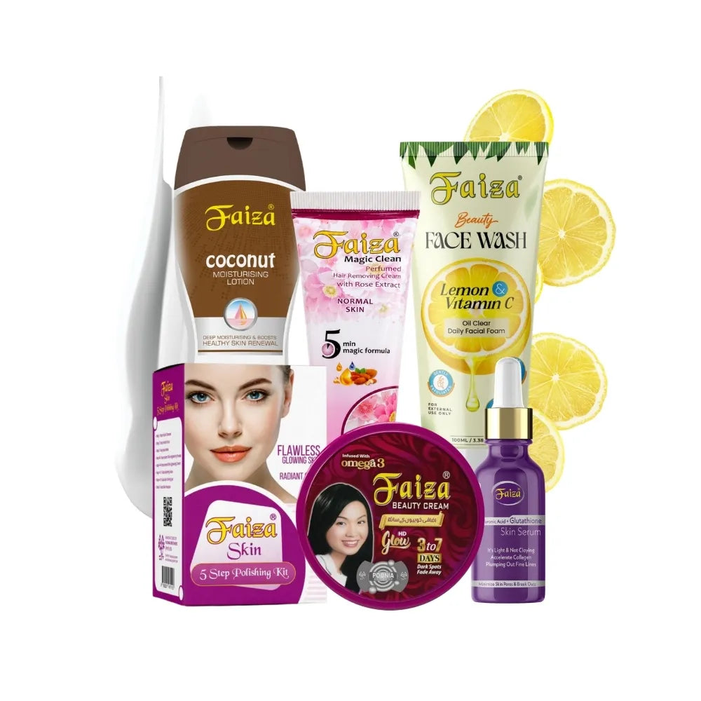 Faiza Cosmetics Skincare Bundle, Coconut Moisturising Lotion, Lemon Vitamin C Facewash, Hyaluronic Serum, 5 Step Polishing Kit, flawless radiant shine