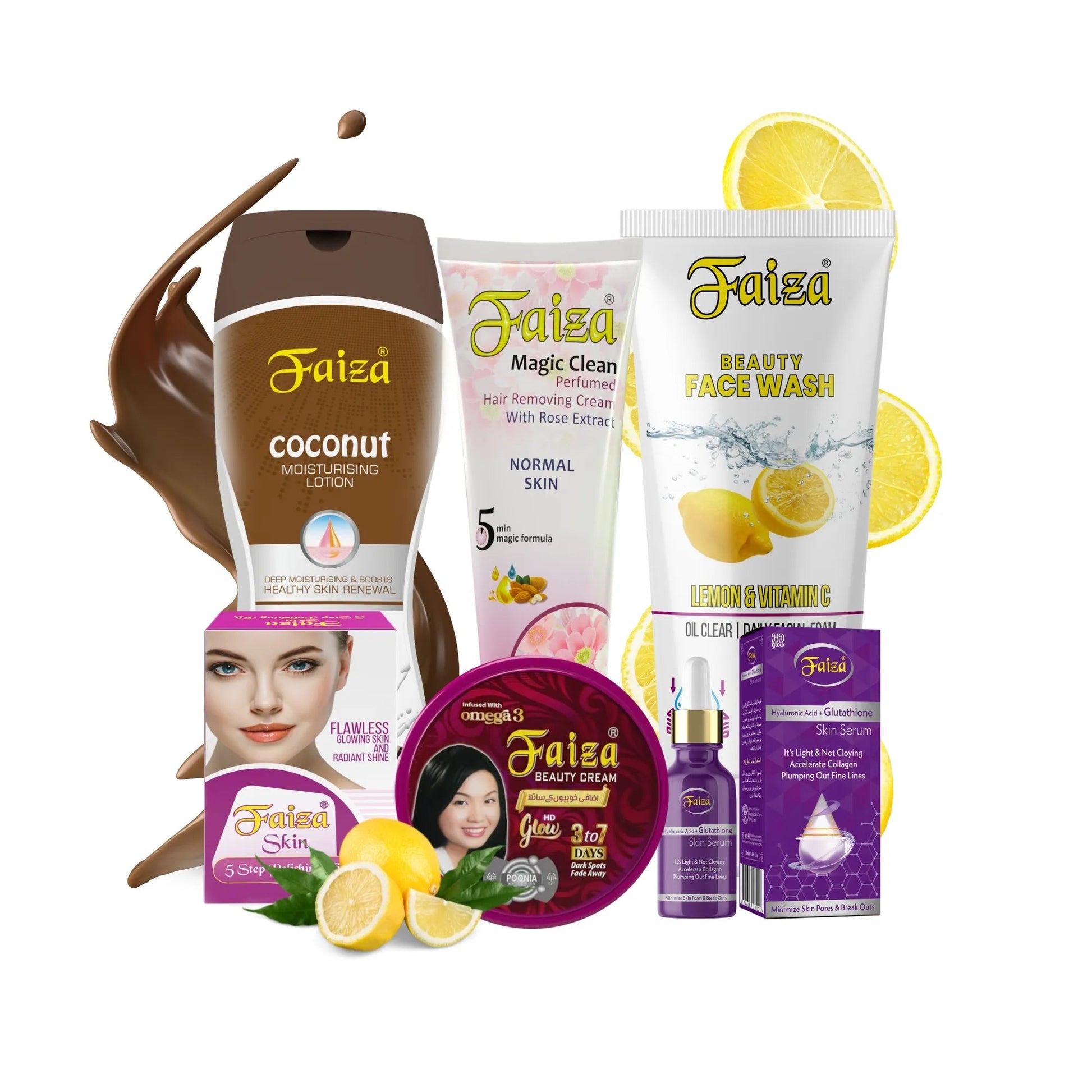 Faiza Cosmetics Skincare Bundle, Coconut Moisturising Lotion, Lemon Vitamin C Facewash, Hyaluronic Serum, 5 Step Polishing Kit, flawless radiant shine