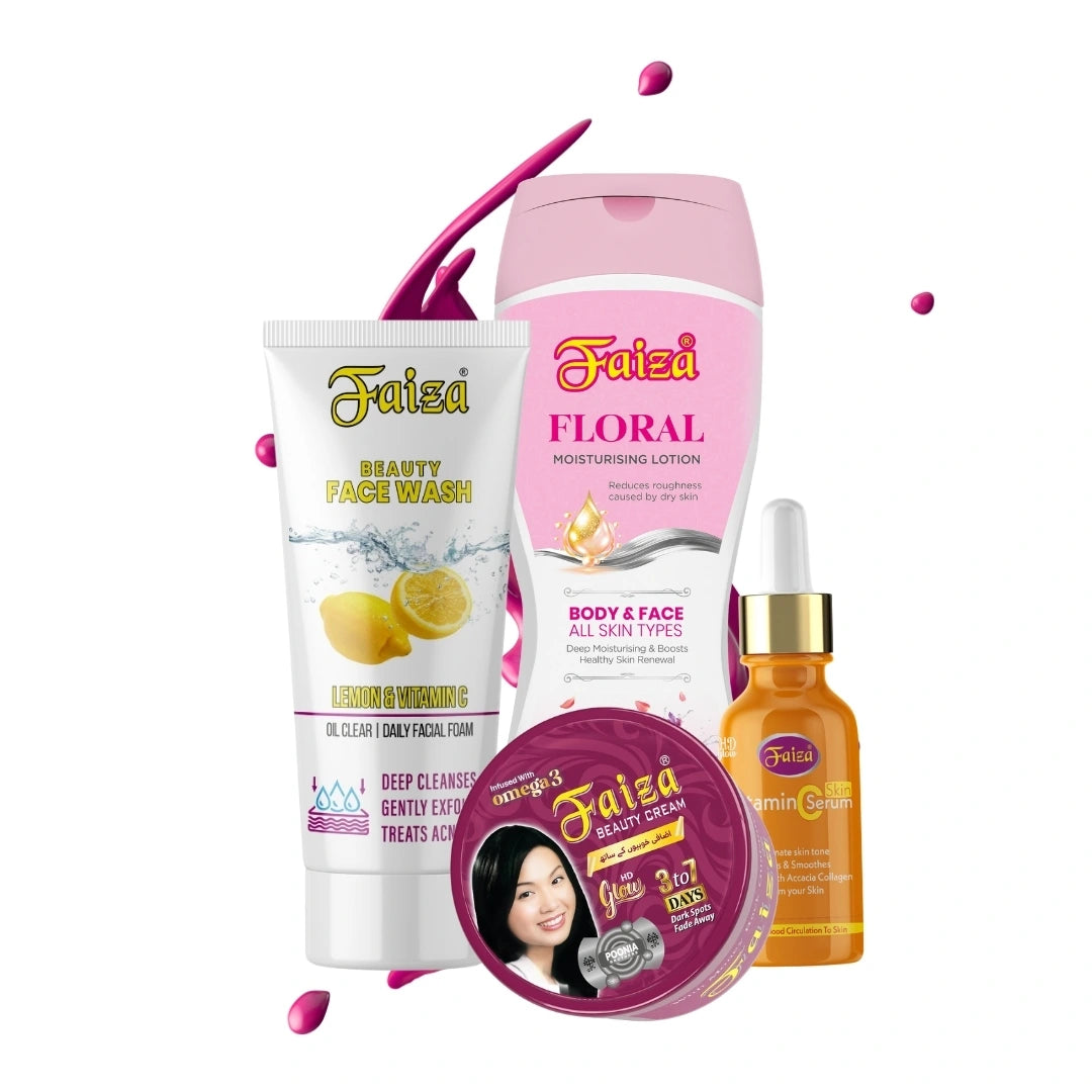 Faiza Cosmetics Skincare Bundle, Lemon Vitamin C, Floral Moisturising Lotion, Omega 3 Beauty Cream, Vitamin Serum, acne treatment, dark spots solution, healthy skin renewal, instant glow kit