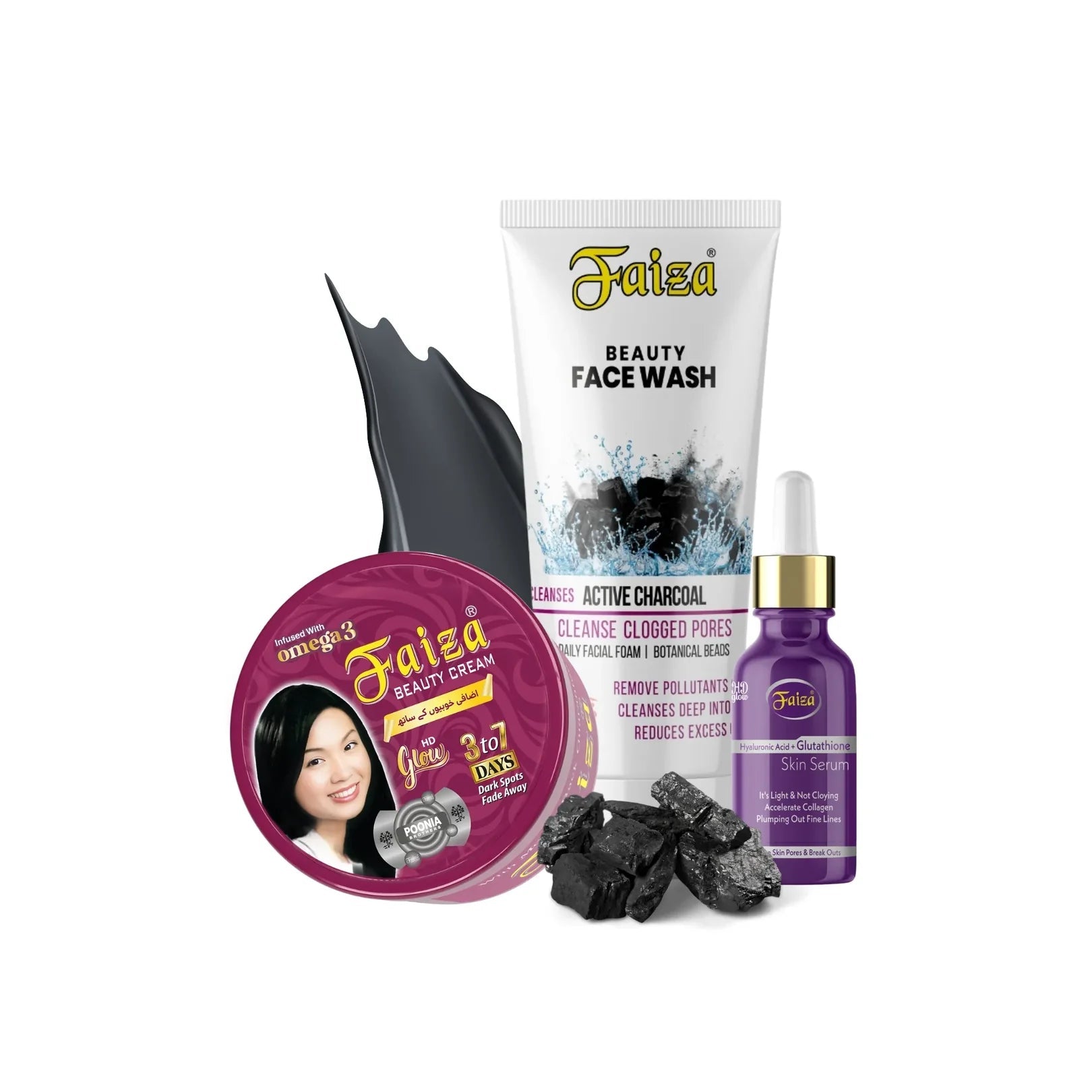 Faiza Cosmetics Skincare Kit, Active Charcoal, Hyaluronic Glutathione Serum, Beauty Cream Omega 3, clogged pores, plumping fine lines, instant glow