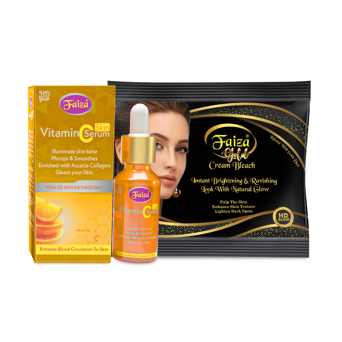 Faiza Complete Skincare and Beauty Products collection including a pink tube of Rose Extract Perfumed Hair Removing Cream, a box of 5 Step Skin Polishing kit, a jar of 7-Day Glow Omega 3 Beauty Cream, a brown bottle of Coconut Moisturising Lotion, a purple dropper bottle and box of Hyaluronic Acid Glutathione Skin Serum, and a white tube of Lemon Vitamin C Beauty Face Wash.