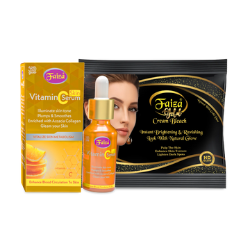 Faiza Complete Skincare and Beauty Products collection including a pink tube of Rose Extract Perfumed Hair Removing Cream, a box of 5 Step Skin Polishing kit, a jar of 7-Day Glow Omega 3 Beauty Cream, a brown bottle of Coconut Moisturising Lotion, a purple dropper bottle and box of Hyaluronic Acid Glutathione Skin Serum, and a white tube of Lemon Vitamin C Beauty Face Wash.