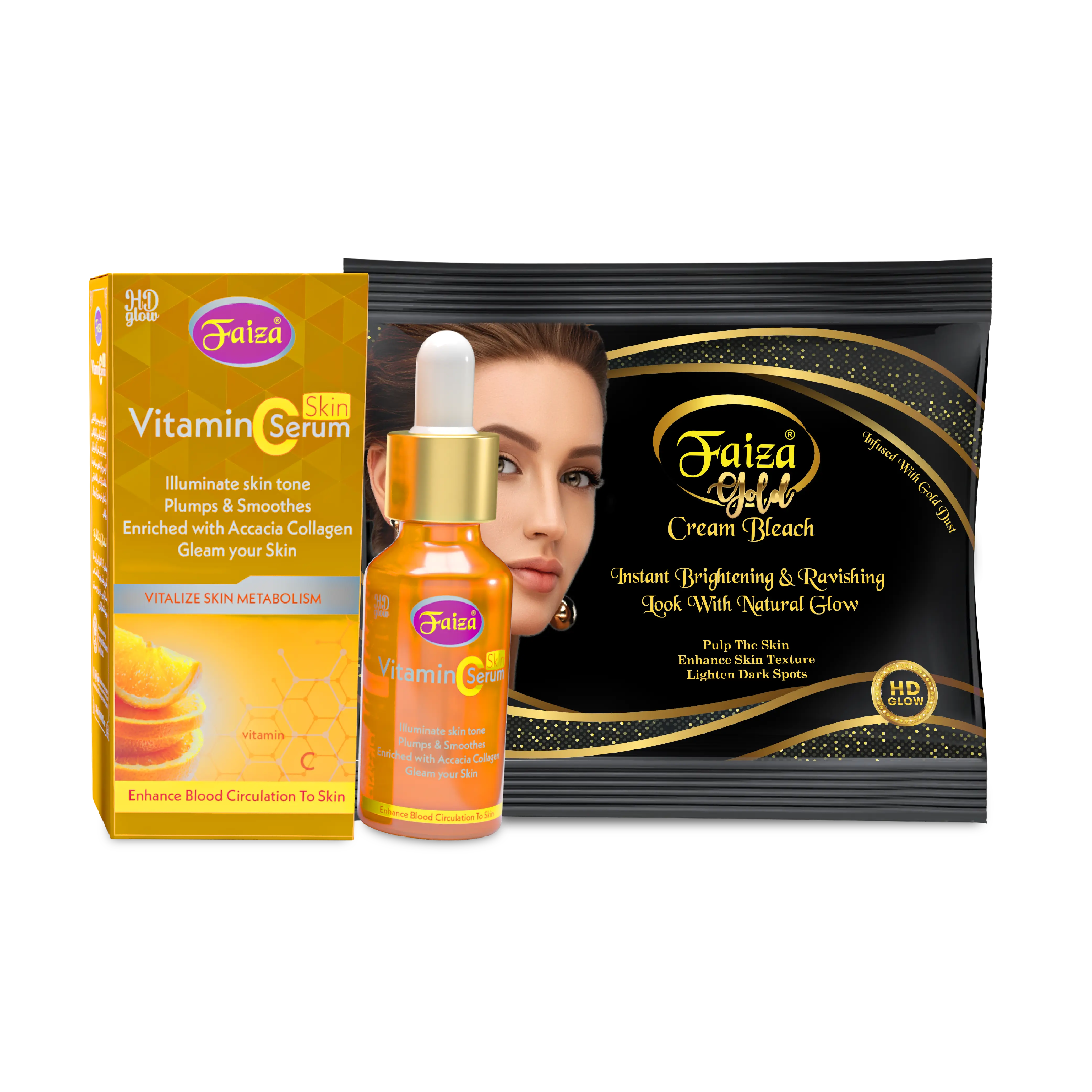 Faiza Complete Skincare and Beauty Products collection including a pink tube of Rose Extract Perfumed Hair Removing Cream, a box of 5 Step Skin Polishing kit, a jar of 7-Day Glow Omega 3 Beauty Cream, a brown bottle of Coconut Moisturising Lotion, a purple dropper bottle and box of Hyaluronic Acid Glutathione Skin Serum, and a white tube of Lemon Vitamin C Beauty Face Wash.