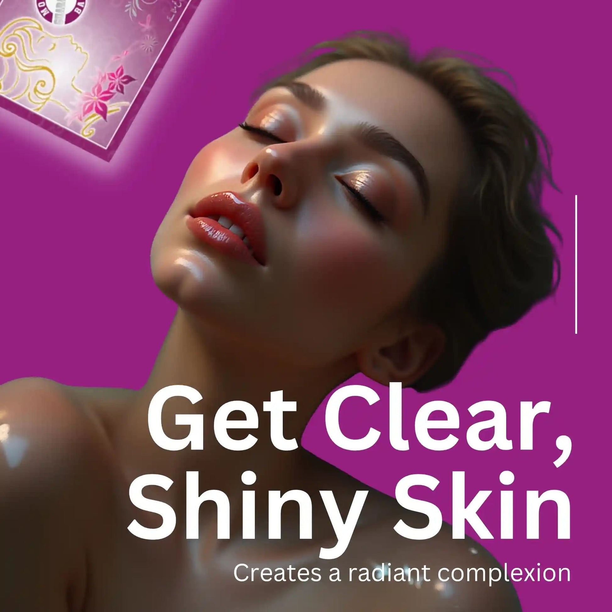 Promotional banner with the text "Get Clear, Shiny Skin" and "Creates a radiant complexion," featuring a model with glowing skin and Faiza beauty soap packaging on a purple background.
