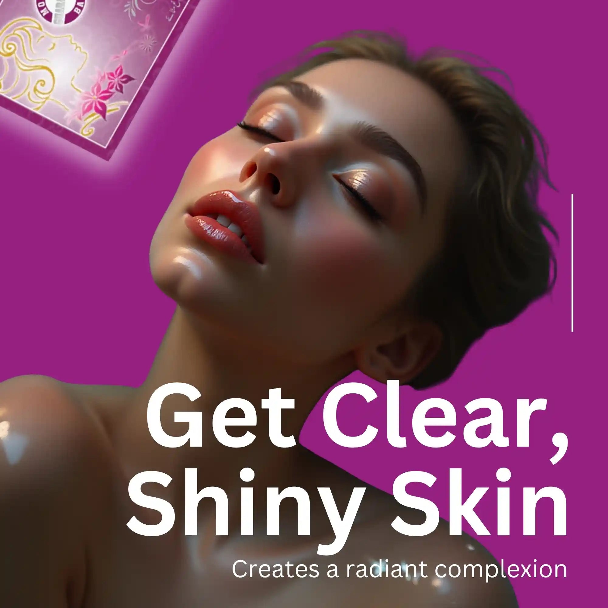 Promotional banner with the text "Get Clear, Shiny Skin" and "Creates a radiant complexion," featuring a model with glowing skin and Faiza beauty soap packaging on a purple background.