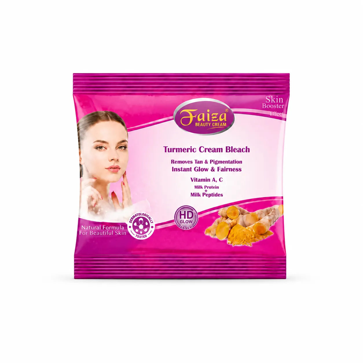 A pink and white packet of Faiza Turmeric Cream Bleach, featuring a model on the left and turmeric root pieces on the bottom right, set against a plain white background
