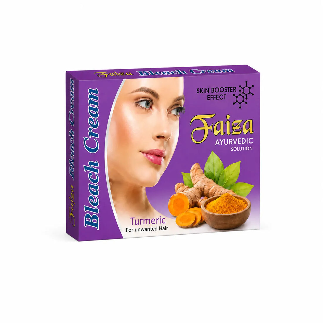 Faiza Turmeric Bleach Cream with an Ayurvedic skin booster formula, designed to lighten unwanted facial hair and support smooth, bright-looking skin.