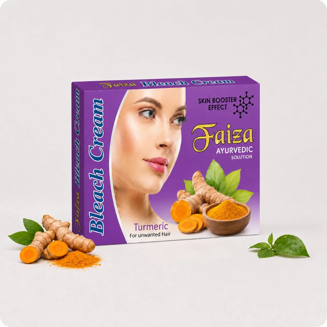 Faiza Bleach Cream Turmeric Ayurvedic Solution box kit with skin booster effect, displayed with a bowl of yellow turmeric powder and an approved FDA raw materials seal