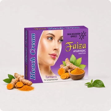 Faiza Bleach Cream Turmeric Ayurvedic Solution box kit with skin booster effect, displayed with a bowl of yellow turmeric powder and an approved FDA raw materials seal
