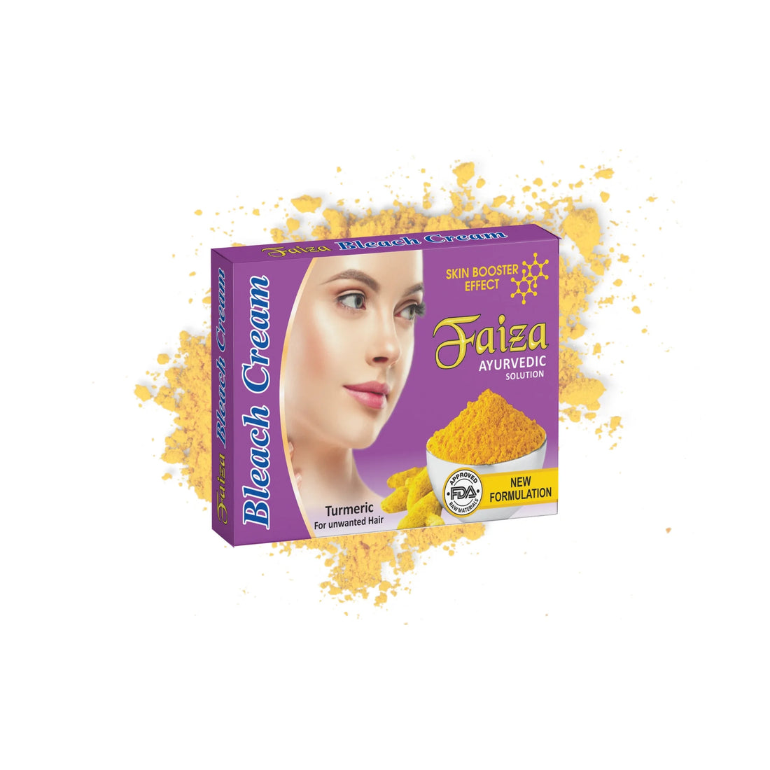 Faiza Bleach Cream Turmeric Ayurvedic Solution box kit with skin booster effect, displayed with a bowl of yellow turmeric powder and an approved FDA raw materials seal