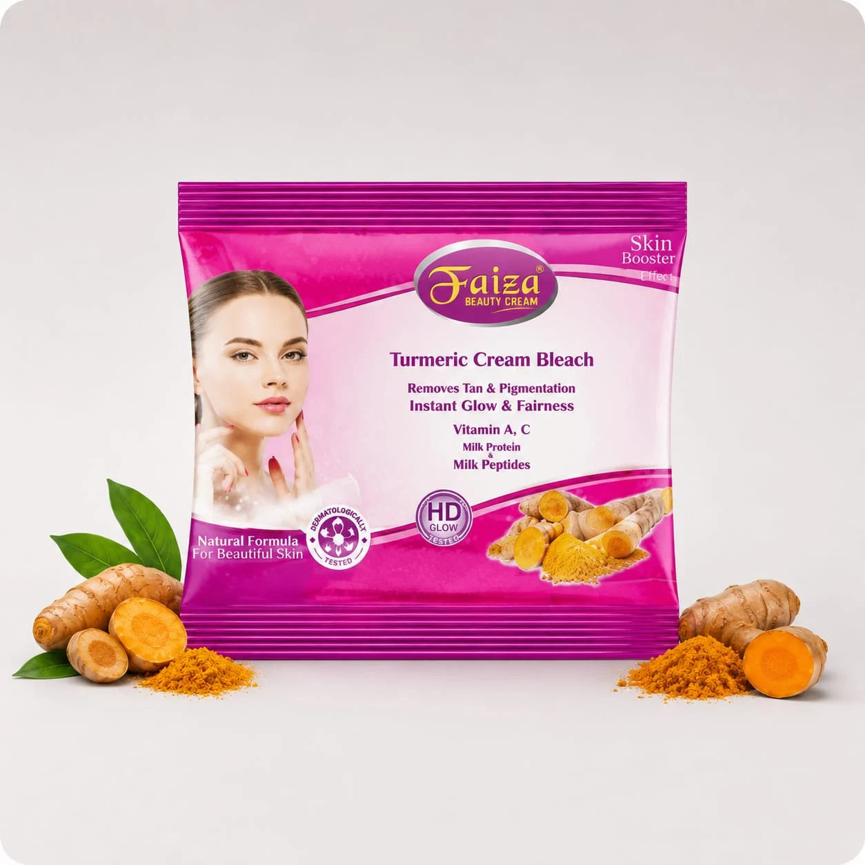Faiza Turmeric Cream Bleach Skin Booster sachet displayed over a splash of yellow turmeric powder, featuring diamond ash, vitamin A, and milk protein for tan removal
