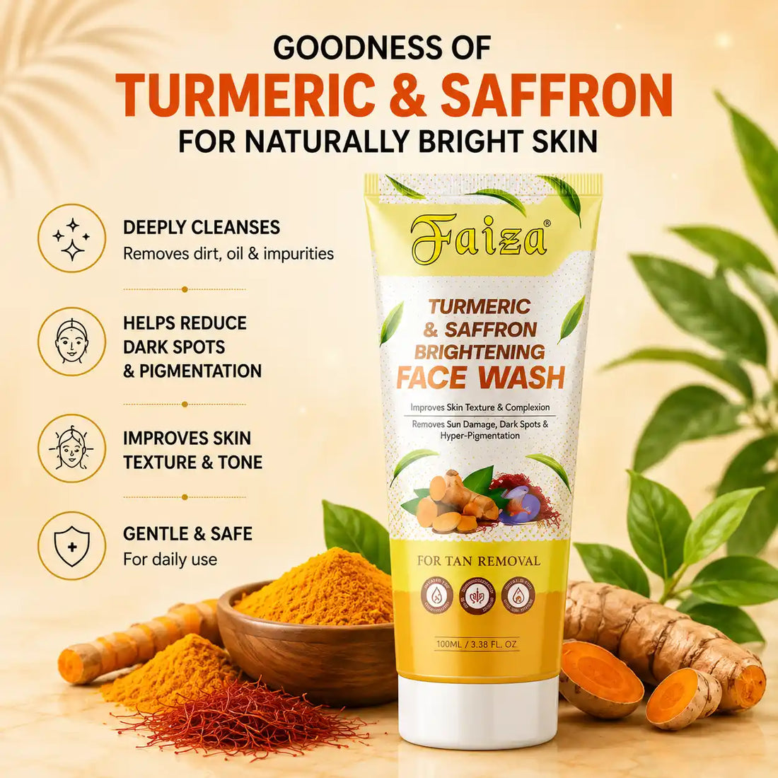 Faiza Cosmetics hyper-pigmentation and dark spot removal bundle featuring Turmeric and Saffron Brightening Face Wash, Hyaluronic Acid and Glutathione Skin Serum, and Flawless Glow Cream on a white background