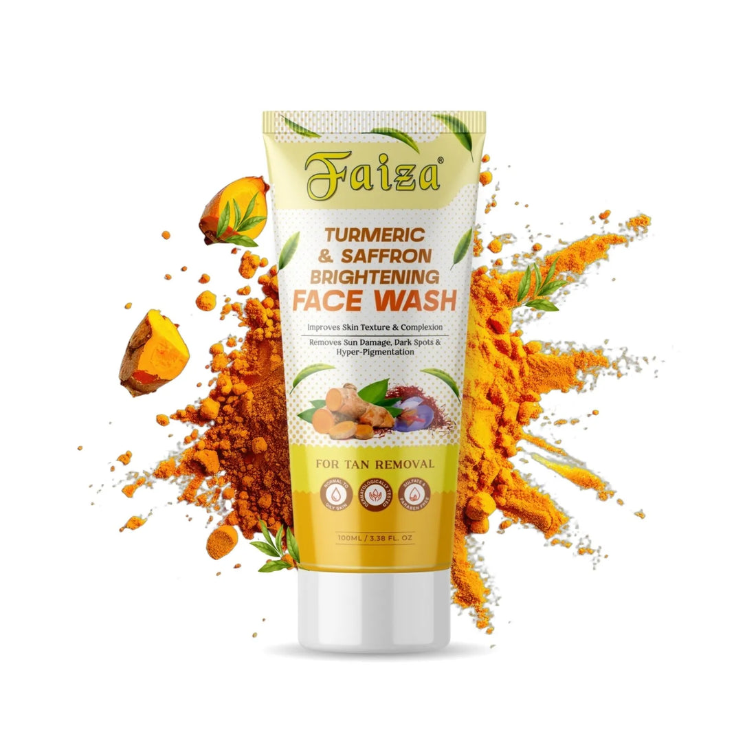 Faiza Turmeric and Saffron Brightening Face Wash product shot surrounded by an artistic splash of yellow turmeric powder and saffron elements to clear hyper-pigmentation and dark spots.