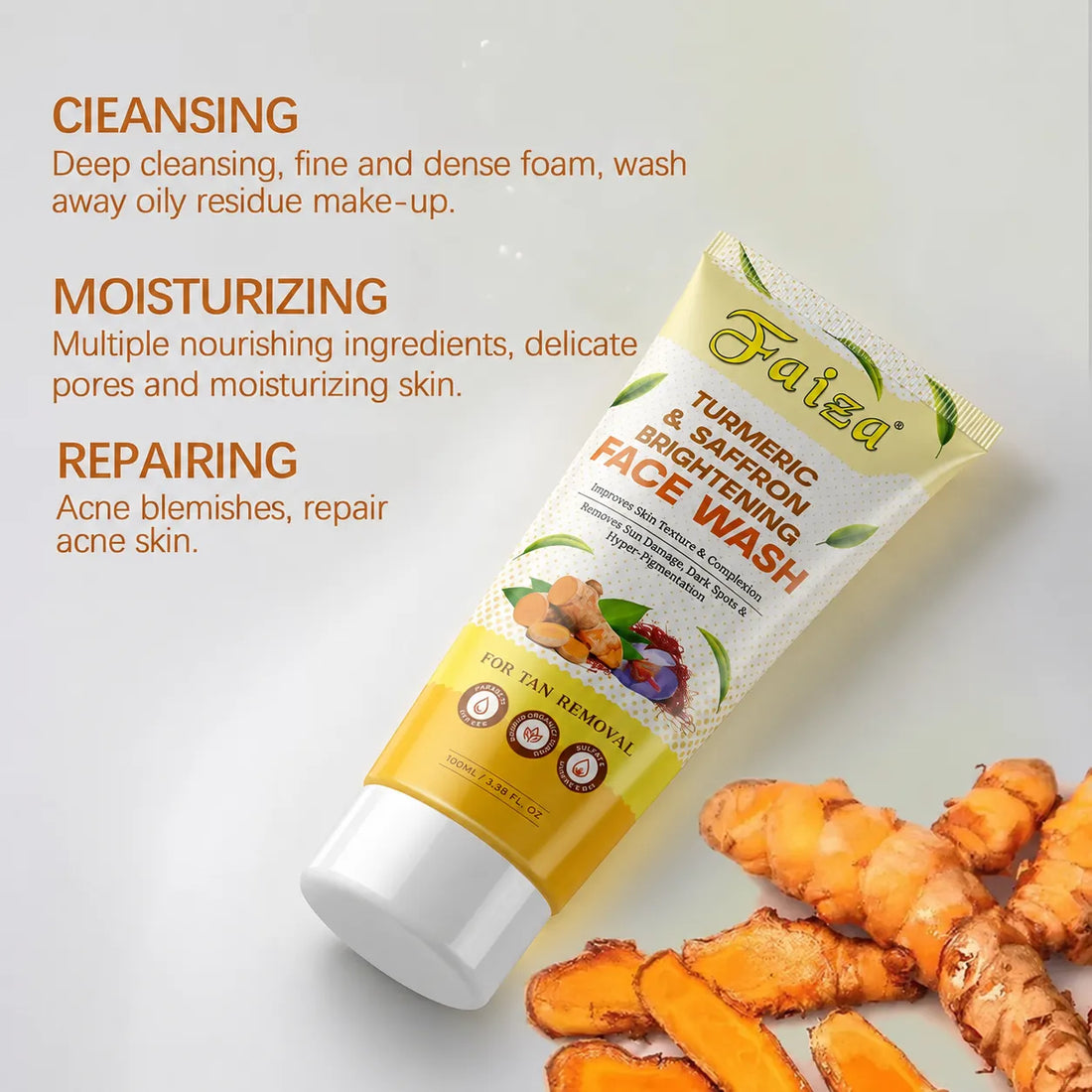 Faiza Cosmetics hyper-pigmentation and dark spot removal bundle featuring Turmeric and Saffron Brightening Face Wash, Hyaluronic Acid and Glutathione Skin Serum, and Flawless Glow Cream on a white background