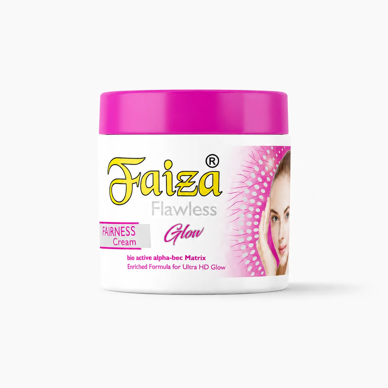 Faiza Flawless Glow Fairness Cream jar with a bright pink lid, featuring a bio-active alpha-bec matrix enriched formula for an ultra HD skin glow