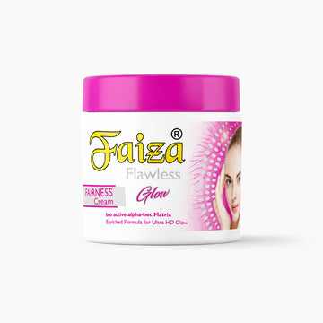 Faiza Flawless Glow Fairness Cream jar with a bright pink lid, featuring a bio-active alpha-bec matrix enriched formula for an ultra HD skin glow
