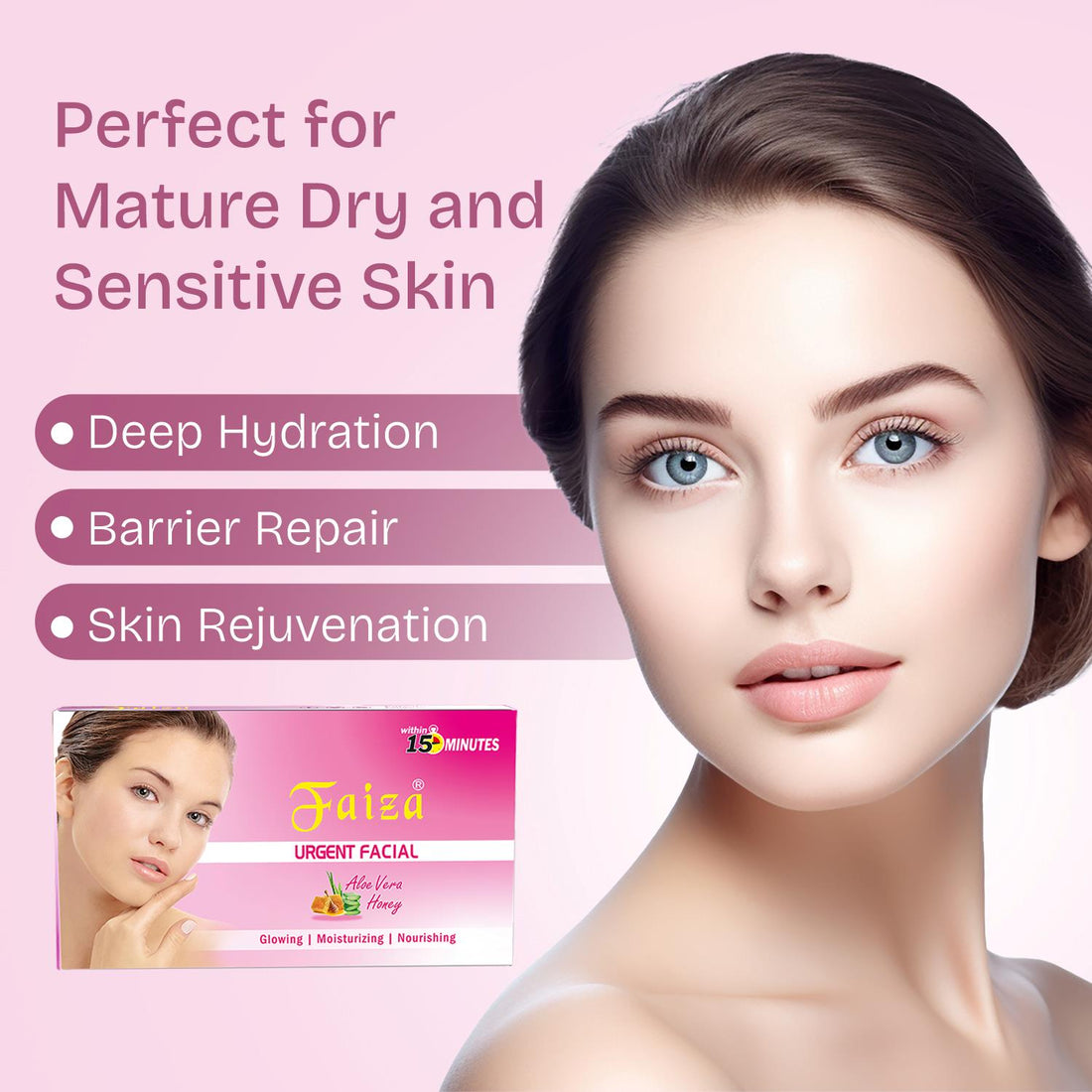 Faiza Urgent Facial box with Aloe Vera Honey formula for Glowing, Moisturizing, and Nourishing within 15 minutes.