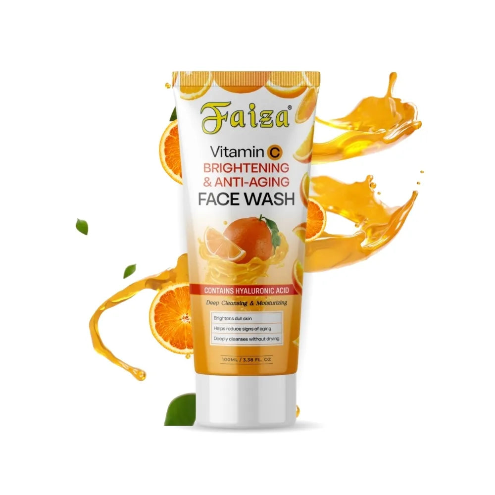 Faiza Vitamin C Brightening and Anti-Aging Face Wash 100ml tube containing hyaluronic acid, featured with orange slices and liquid orange splashes